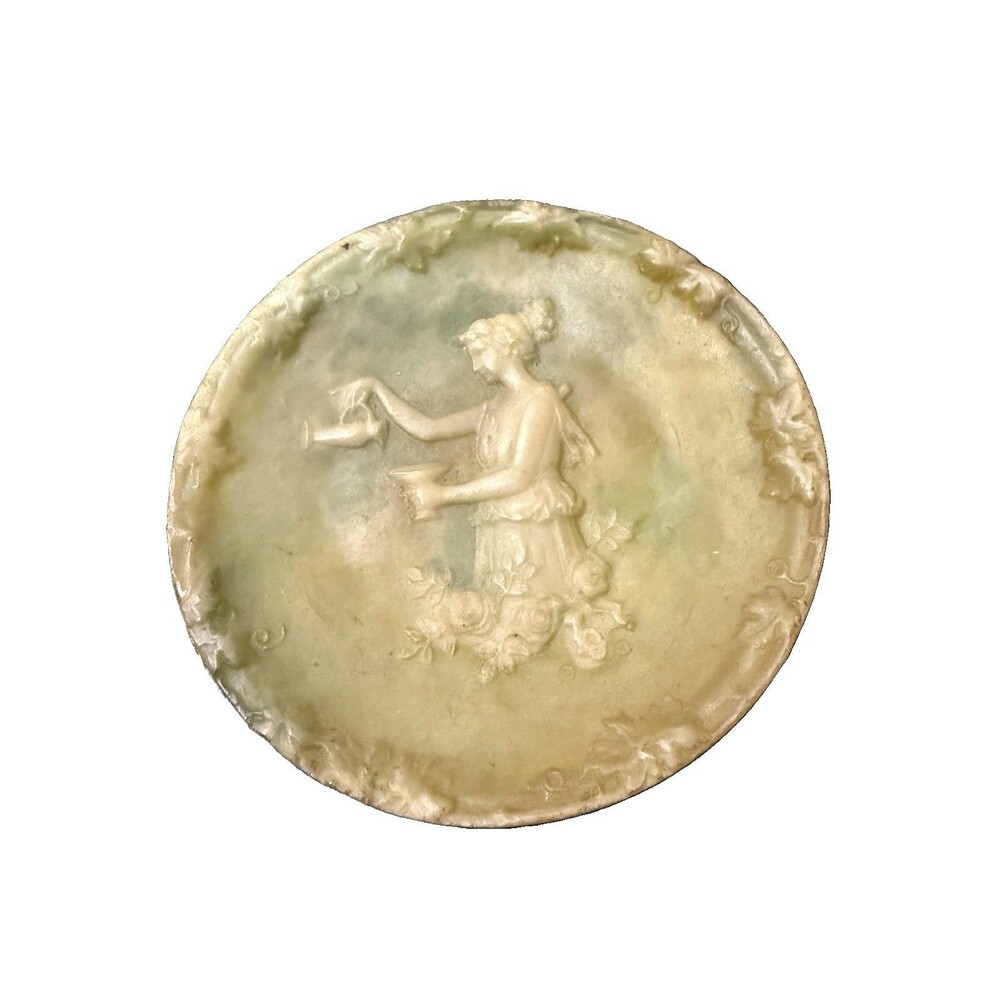 Vintage Incolay Stone Trinket Dish Woman Watering Flowers Cameo USA 4.5”